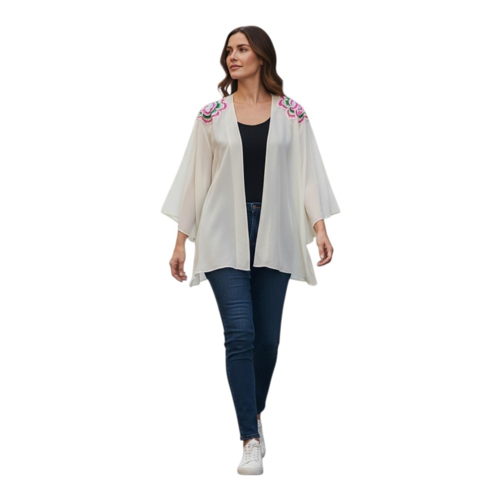 Joan Rivers Women's XL Cream Kimono Sleeve Embroidered‎ Floral Open Cardigan